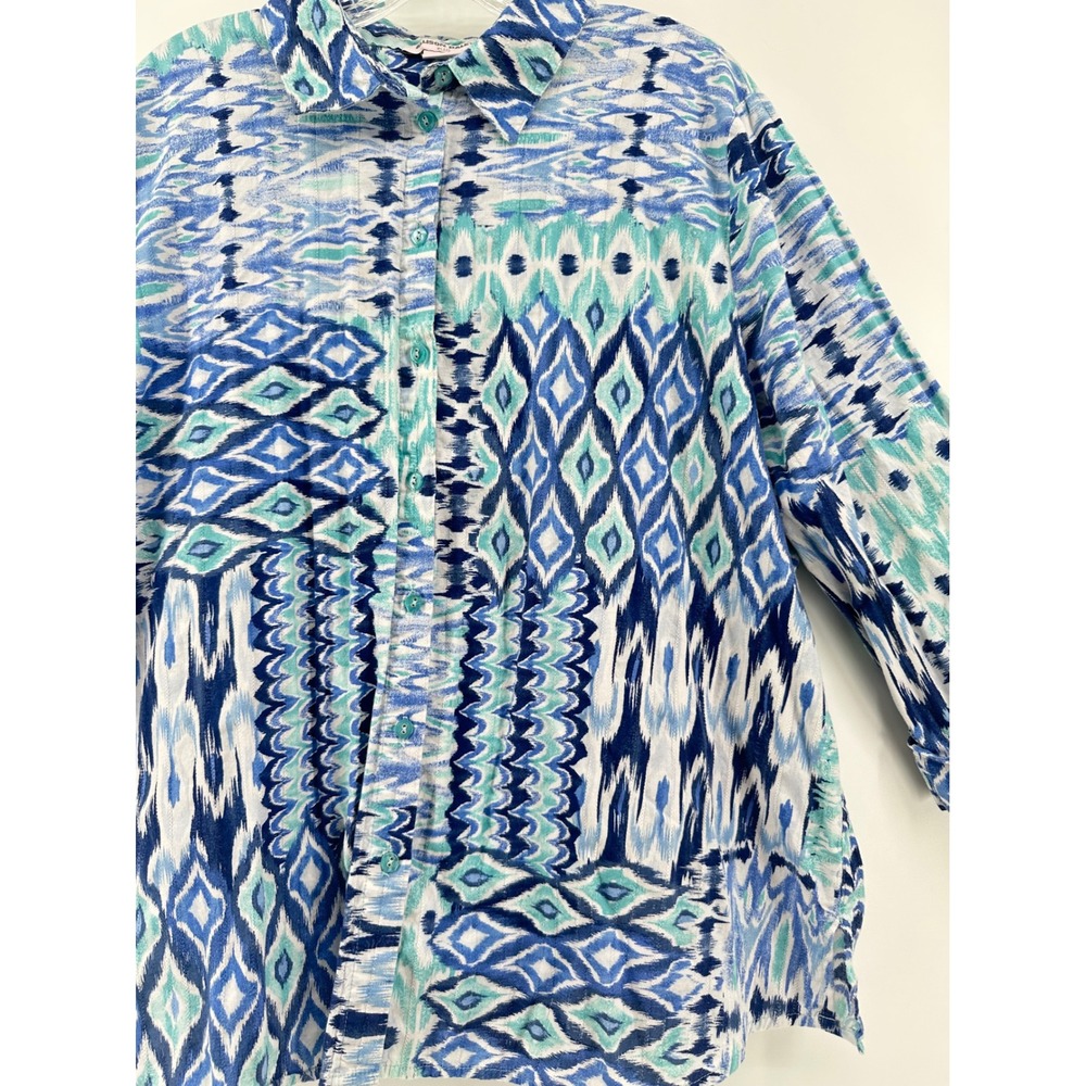 Allison Daley Plus 1X Blue Ikat Patchwork Cotton Button Front 3/4 Sleeve Blouse - Picture 10 of 11